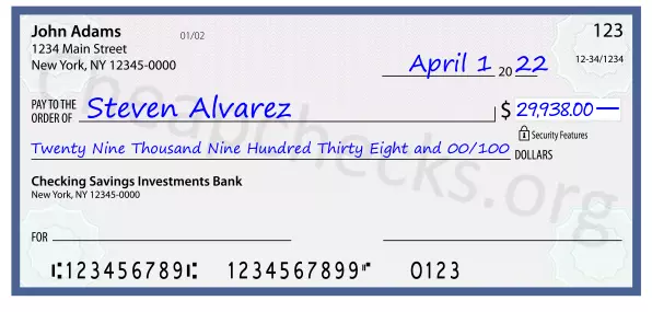 Twenty Nine Thousand Nine Hundred Thirty Eight and 00/100 filled out on a check