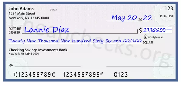 Twenty Nine Thousand Nine Hundred Sixty Six and 00/100 filled out on a check