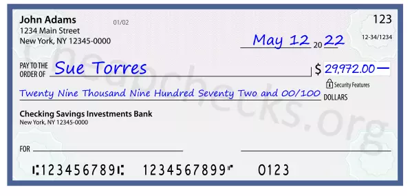 Twenty Nine Thousand Nine Hundred Seventy Two and 00/100 filled out on a check