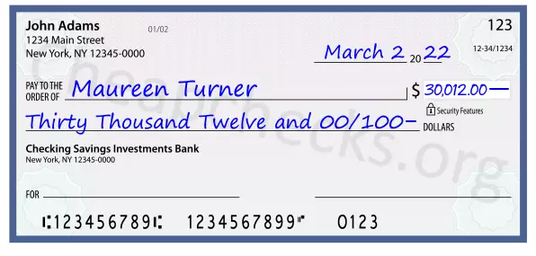 Thirty Thousand Twelve and 00/100 filled out on a check