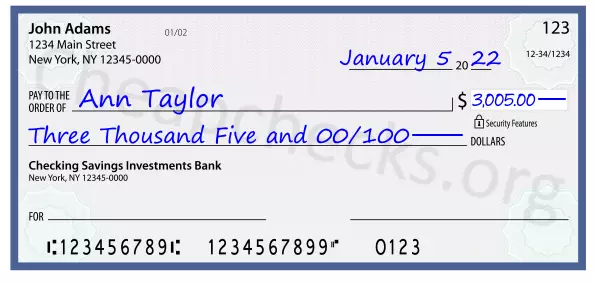 Three Thousand Five and 00/100 filled out on a check