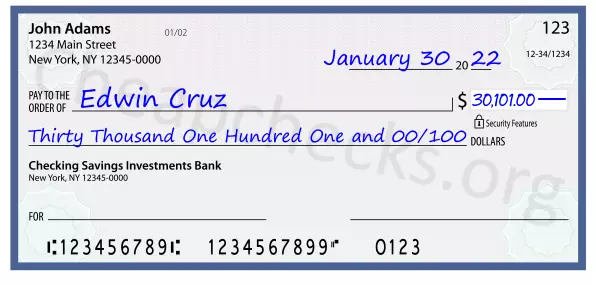 Thirty Thousand One Hundred One and 00/100 filled out on a check