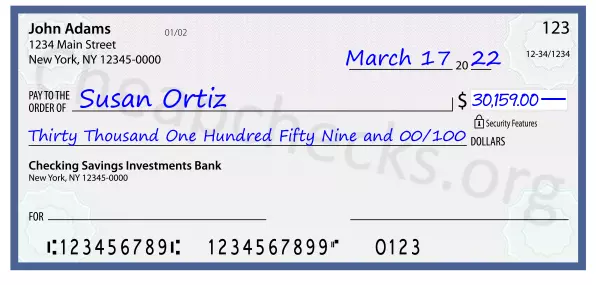 Thirty Thousand One Hundred Fifty Nine and 00/100 filled out on a check