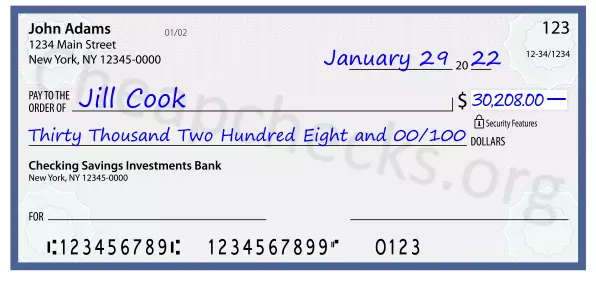 Thirty Thousand Two Hundred Eight and 00/100 filled out on a check