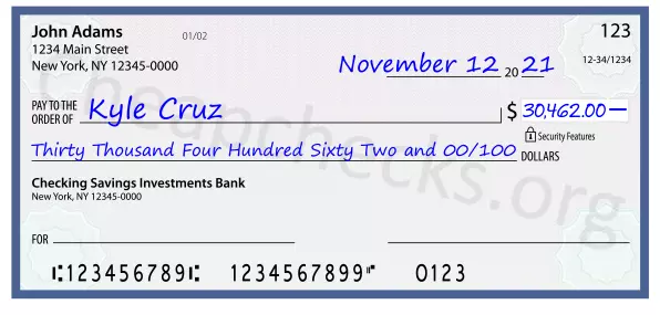 Thirty Thousand Four Hundred Sixty Two and 00/100 filled out on a check