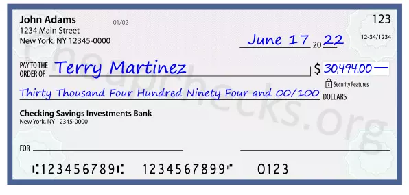 Thirty Thousand Four Hundred Ninety Four and 00/100 filled out on a check