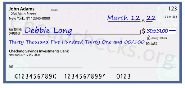 Thirty Thousand Five Hundred Thirty One and 00/100 filled out on a check