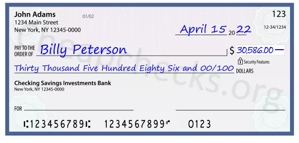 Thirty Thousand Five Hundred Eighty Six and 00/100 filled out on a check