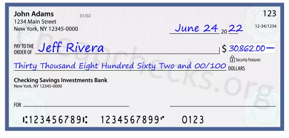 Thirty Thousand Eight Hundred Sixty Two and 00/100 filled out on a check