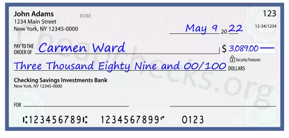 Three Thousand Eighty Nine and 00/100 filled out on a check