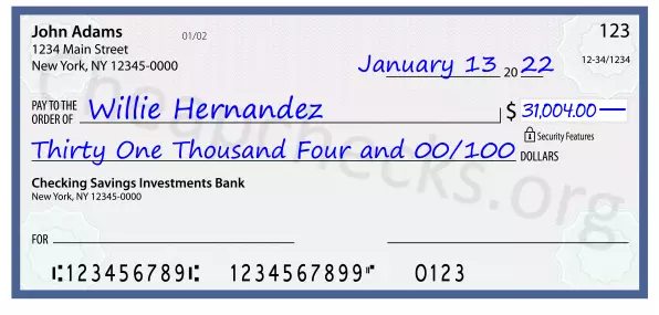 Thirty One Thousand Four and 00/100 filled out on a check