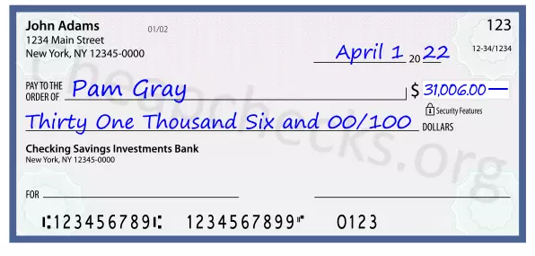 Thirty One Thousand Six and 00/100 filled out on a check