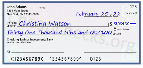 Thirty One Thousand Nine and 00/100 filled out on a check