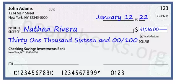 Thirty One Thousand Sixteen and 00/100 filled out on a check