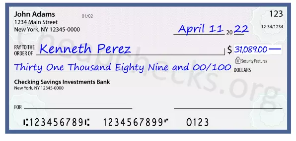 Thirty One Thousand Eighty Nine and 00/100 filled out on a check