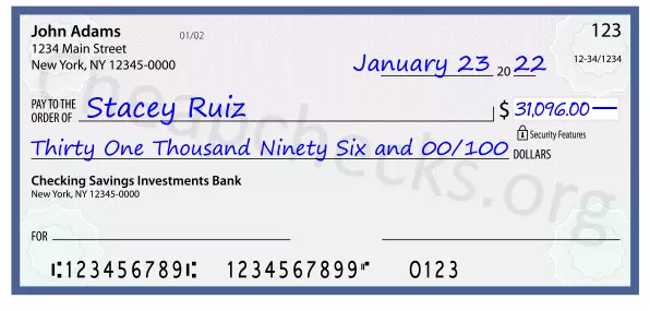 Thirty One Thousand Ninety Six and 00/100 filled out on a check