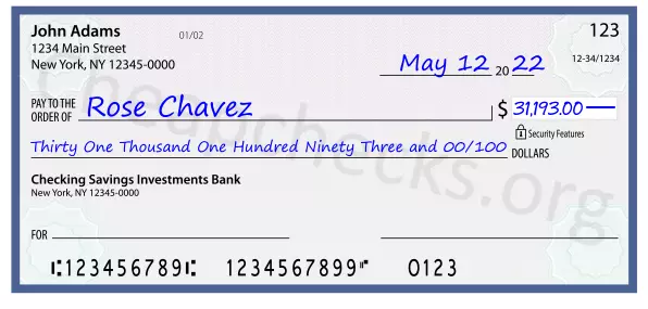 Thirty One Thousand One Hundred Ninety Three and 00/100 filled out on a check