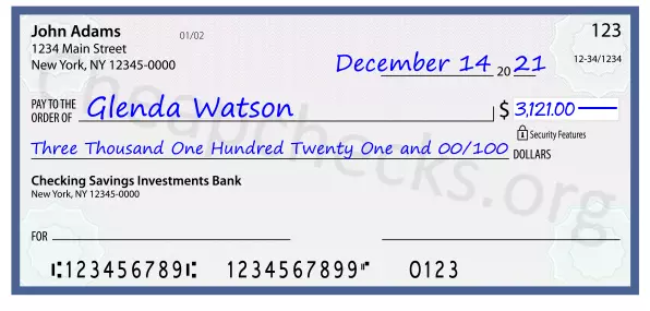 Three Thousand One Hundred Twenty One and 00/100 filled out on a check