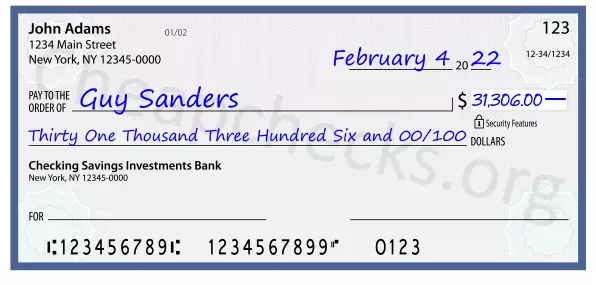 Thirty One Thousand Three Hundred Six and 00/100 filled out on a check