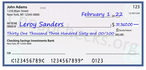 Thirty One Thousand Three Hundred Sixty and 00/100 filled out on a check