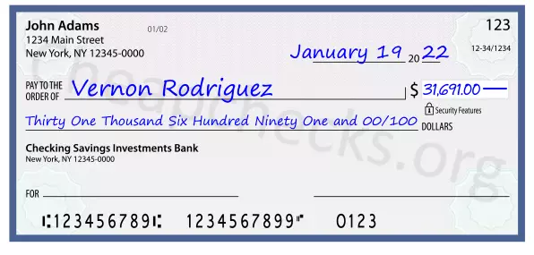 Thirty One Thousand Six Hundred Ninety One and 00/100 filled out on a check