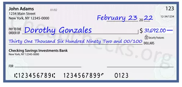 Thirty One Thousand Six Hundred Ninety Two and 00/100 filled out on a check