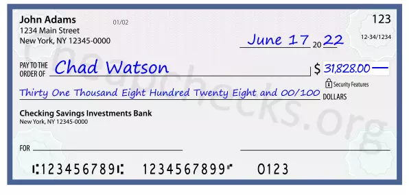 Thirty One Thousand Eight Hundred Twenty Eight and 00/100 filled out on a check