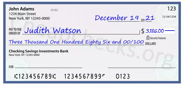 Three Thousand One Hundred Eighty Six and 00/100 filled out on a check