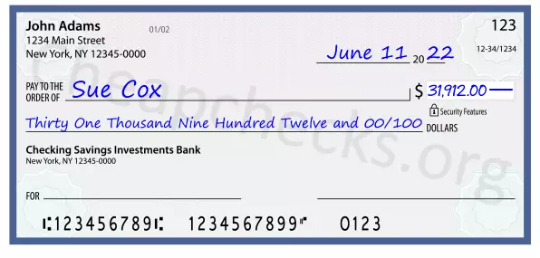 Thirty One Thousand Nine Hundred Twelve and 00/100 filled out on a check