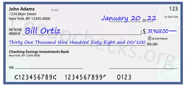 Thirty One Thousand Nine Hundred Sixty Eight and 00/100 filled out on a check