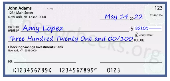 Three Hundred Twenty One and 00/100 filled out on a check