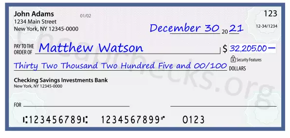 Thirty Two Thousand Two Hundred Five and 00/100 filled out on a check