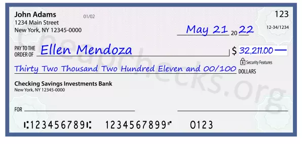 Thirty Two Thousand Two Hundred Eleven and 00/100 filled out on a check