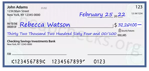 Thirty Two Thousand Two Hundred Sixty Four and 00/100 filled out on a check