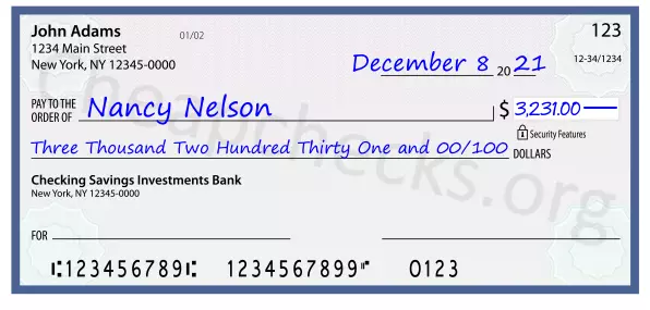 Three Thousand Two Hundred Thirty One and 00/100 filled out on a check