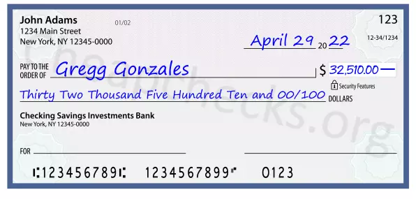 Thirty Two Thousand Five Hundred Ten and 00/100 filled out on a check