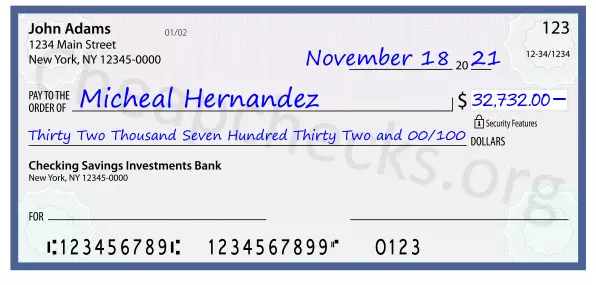 Thirty Two Thousand Seven Hundred Thirty Two and 00/100 filled out on a check