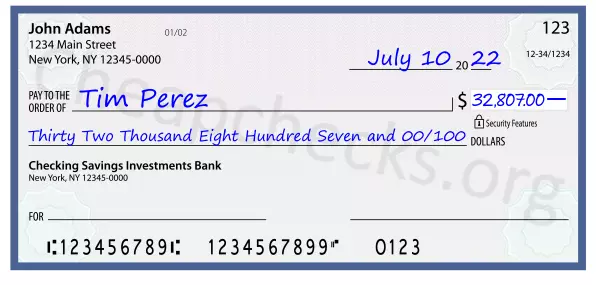 Thirty Two Thousand Eight Hundred Seven and 00/100 filled out on a check