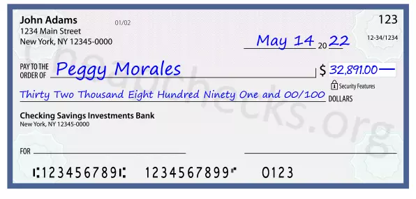 Thirty Two Thousand Eight Hundred Ninety One and 00/100 filled out on a check