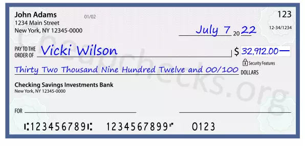 Thirty Two Thousand Nine Hundred Twelve and 00/100 filled out on a check