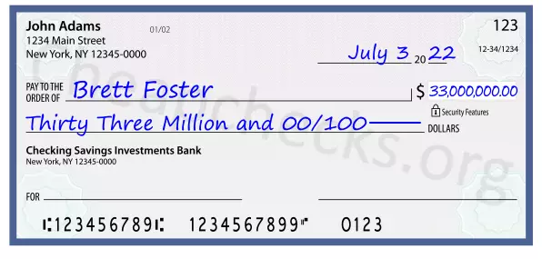 Thirty Three Million and 00/100 filled out on a check