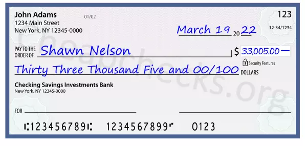 Thirty Three Thousand Five and 00/100 filled out on a check