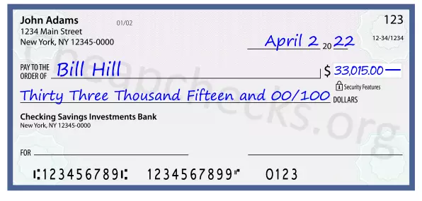 Thirty Three Thousand Fifteen and 00/100 filled out on a check