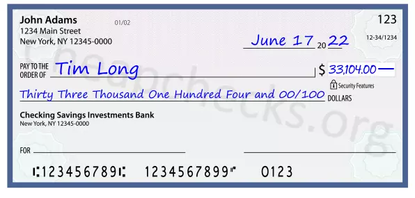 Thirty Three Thousand One Hundred Four and 00/100 filled out on a check