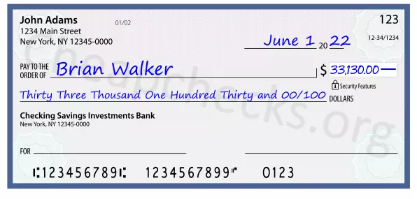 Thirty Three Thousand One Hundred Thirty and 00/100 filled out on a check