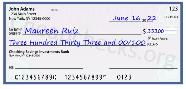 Three Hundred Thirty Three and 00/100 filled out on a check