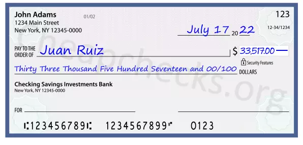 Thirty Three Thousand Five Hundred Seventeen and 00/100 filled out on a check