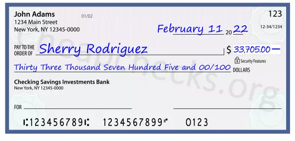 Thirty Three Thousand Seven Hundred Five and 00/100 filled out on a check