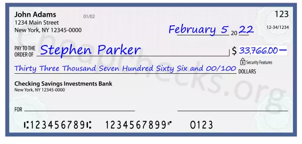 Thirty Three Thousand Seven Hundred Sixty Six and 00/100 filled out on a check