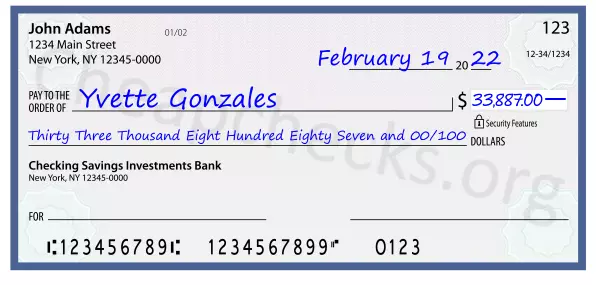 Thirty Three Thousand Eight Hundred Eighty Seven and 00/100 filled out on a check